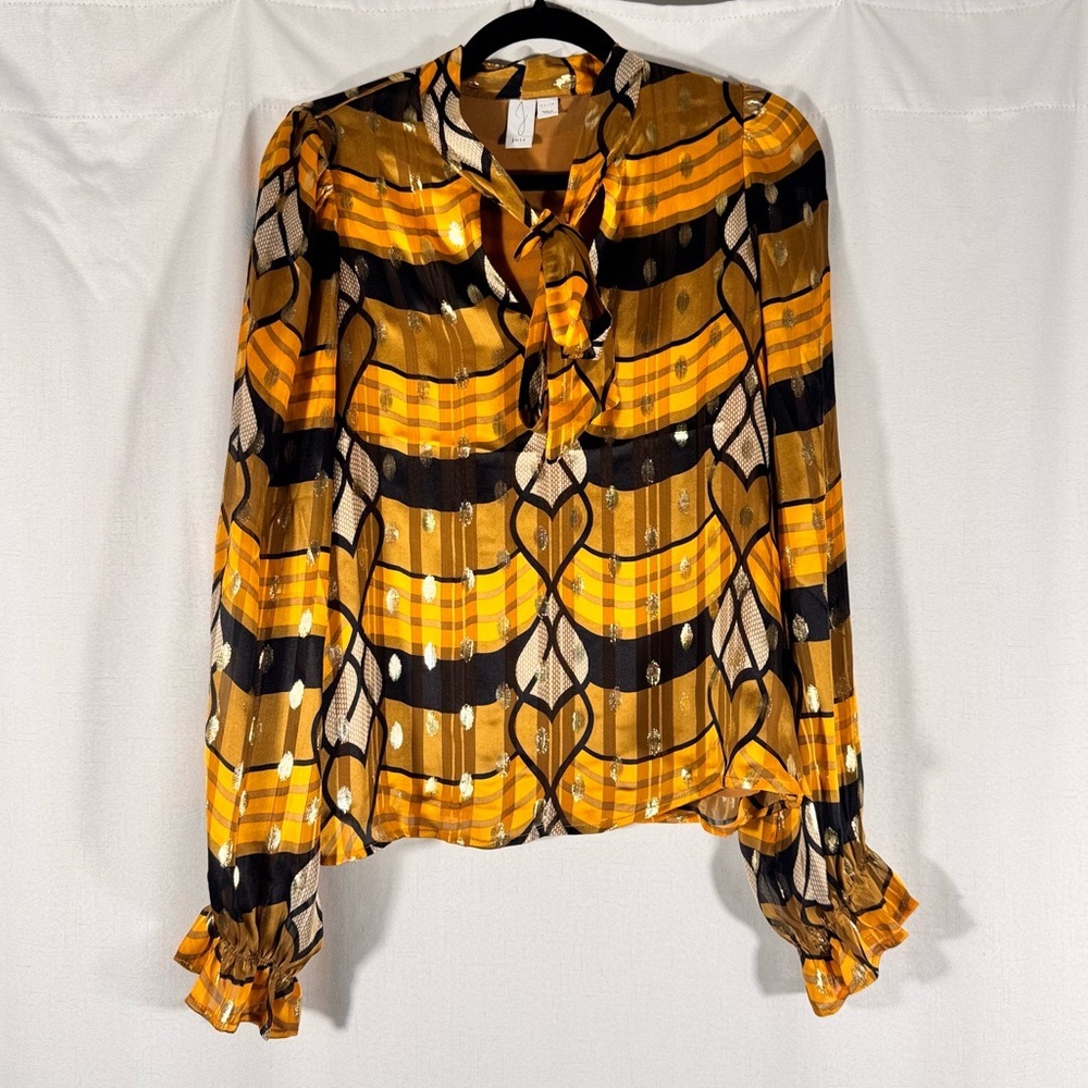 Joie Gold Metallic Plaid Balloon Sleeve Blouse